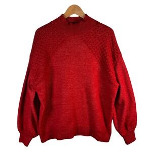 Nine West Women Plus 0X Red Mock Neck Textured‎ Balloon Sleeve Sweater